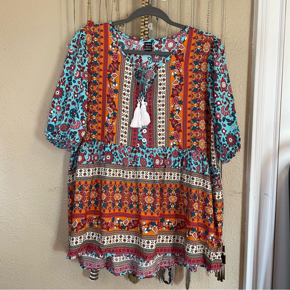 Shein Floral Tie Neck Blouse
